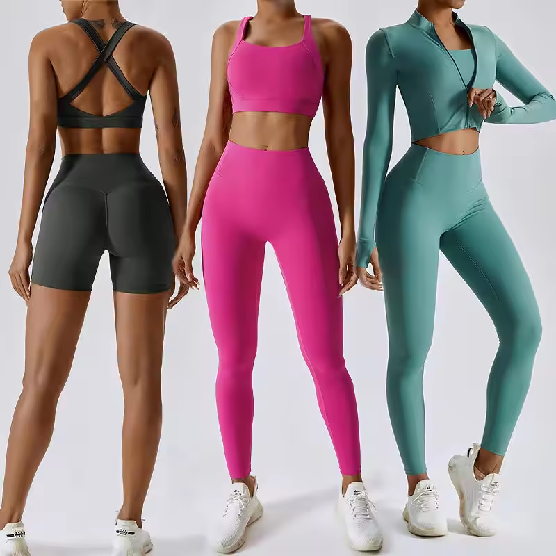 2024 Custom Fitness Yoga wear Wholesale Butt Lift Leggings Full Zip Jacket Gym ActiveWear 4 Pieces Workout Suit Set For women