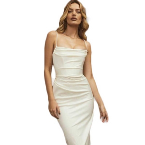 OEM Custom Suspender Breathable Women Sexy Maxi Slim Collarless Elegant Casual Dress Sleeveless White Evening Party Club Dress