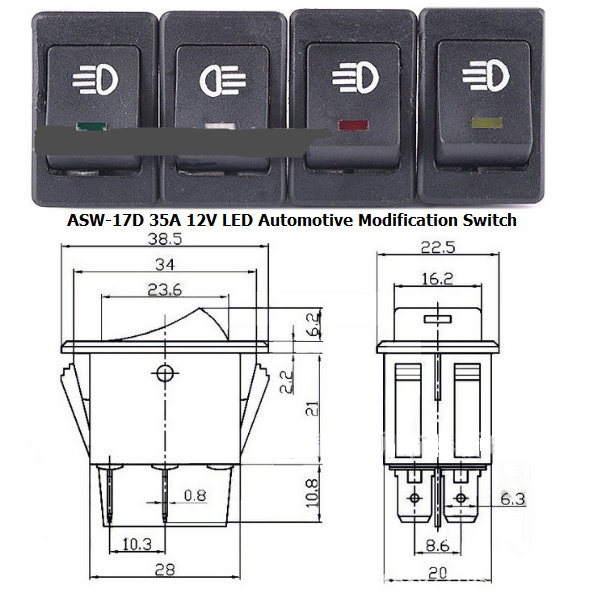 ASW-17D red LED light car modification switch 312V, fog light switch, ship shaped rocker switch