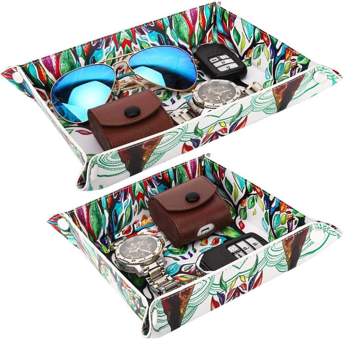 Custom 2 Pack Lucky Tree Pattern Leather Valet Tray Buckle Portable Jewelry Necklace Catchall Desktop Storage PU Leather Tray