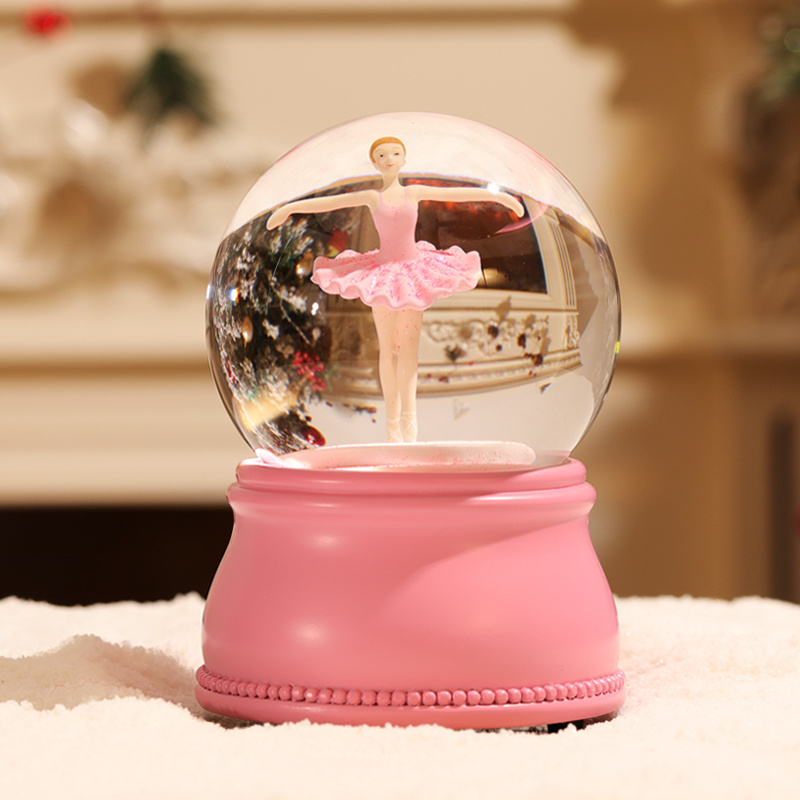 Custom Resin Snow Globe Music Spinning Dancer Dancing Water Globe Decor Pink Base Girl Gift Souvenir Cartoon Cute Snow Globe