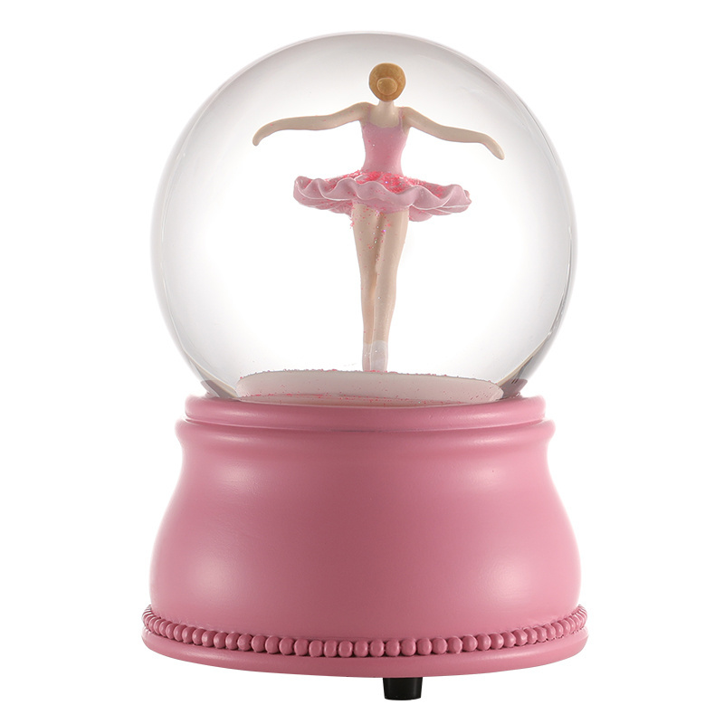 Custom Resin Snow Globe Music Spinning Dancer Dancing Water Globe Decor Pink Base Girl Gift Souvenir Cartoon Cute Snow Globe