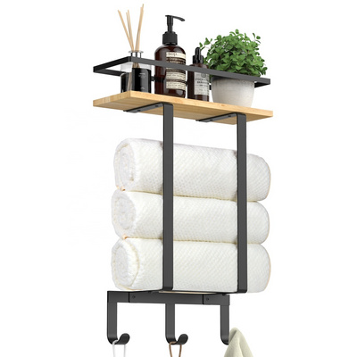 Custom Premium Bathroom Wall Mounted Towel Storage Rack Towel Holder Wooden Floating Shelf Metal Hooks Rolled Hand Towel Rack