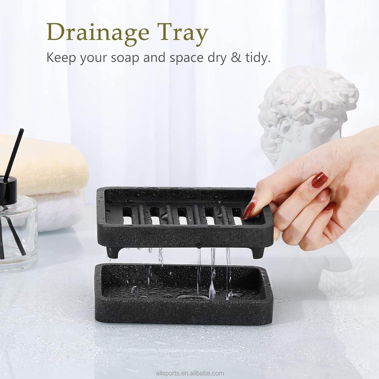 Custom Resin Soap Holder Kitchen Bathroom Countertop Double Layer Draining Soap Tray Detachable Slotted Black Resin Soap Dish