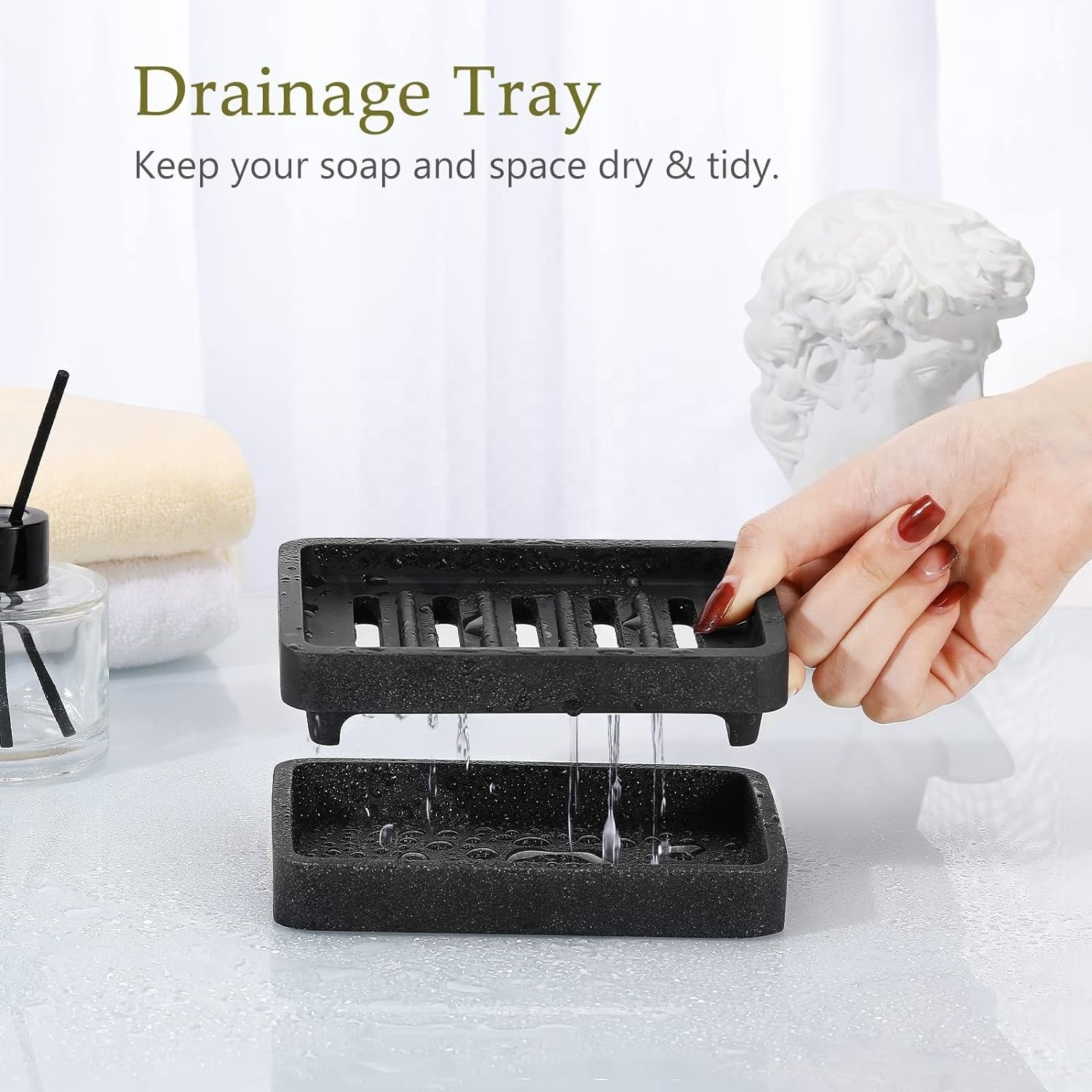 Custom Resin Soap Holder Kitchen Bathroom Countertop Double Layer Draining Soap Tray Detachable Slotted Black Resin Soap Dish