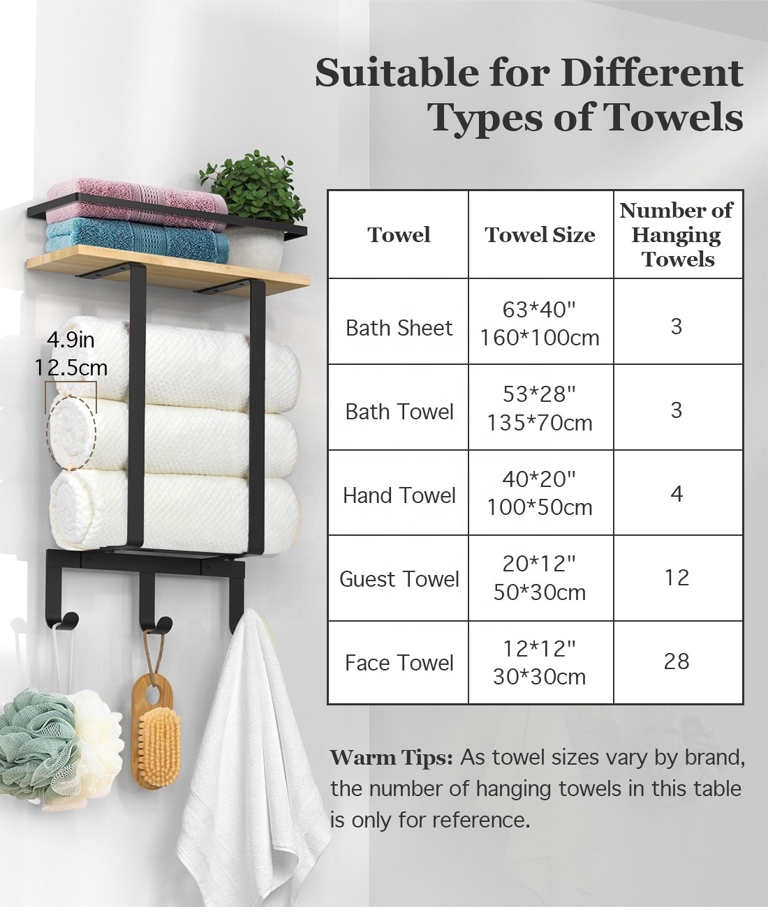 Custom Premium Bathroom Wall Mounted Towel Storage Rack Towel Holder Wooden Floating Shelf Metal Hooks Rolled Hand Towel Rack