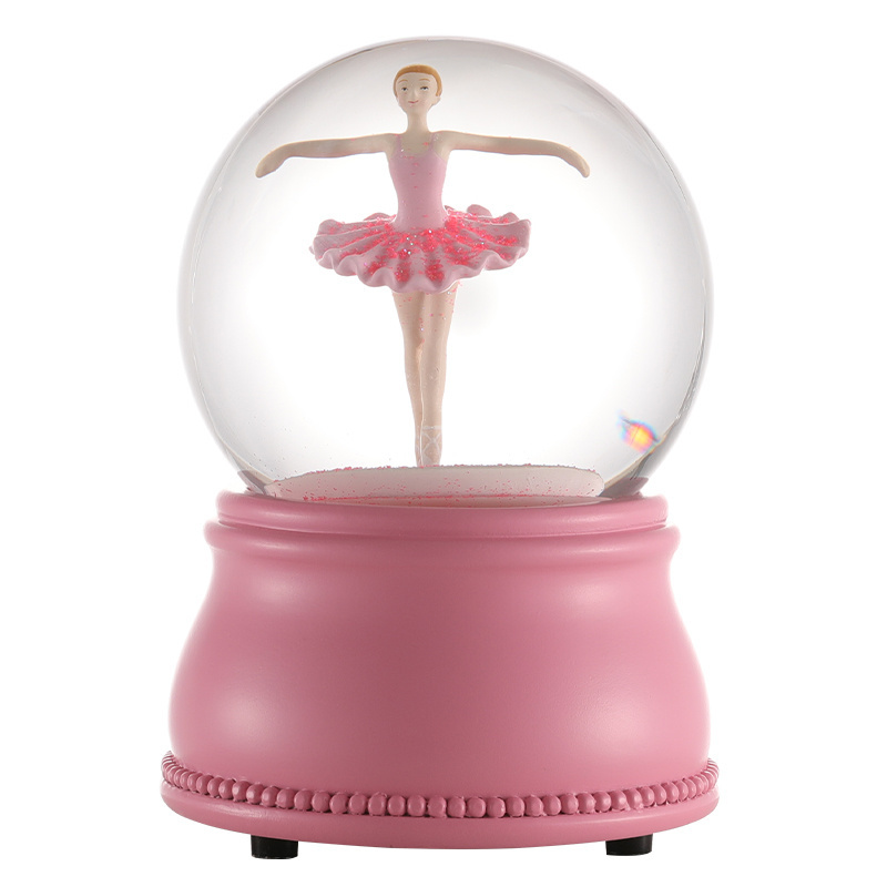 Custom Resin Snow Globe Music Spinning Dancer Dancing Water Globe Decor Pink Base Girl Gift Souvenir Cartoon Cute Snow Globe