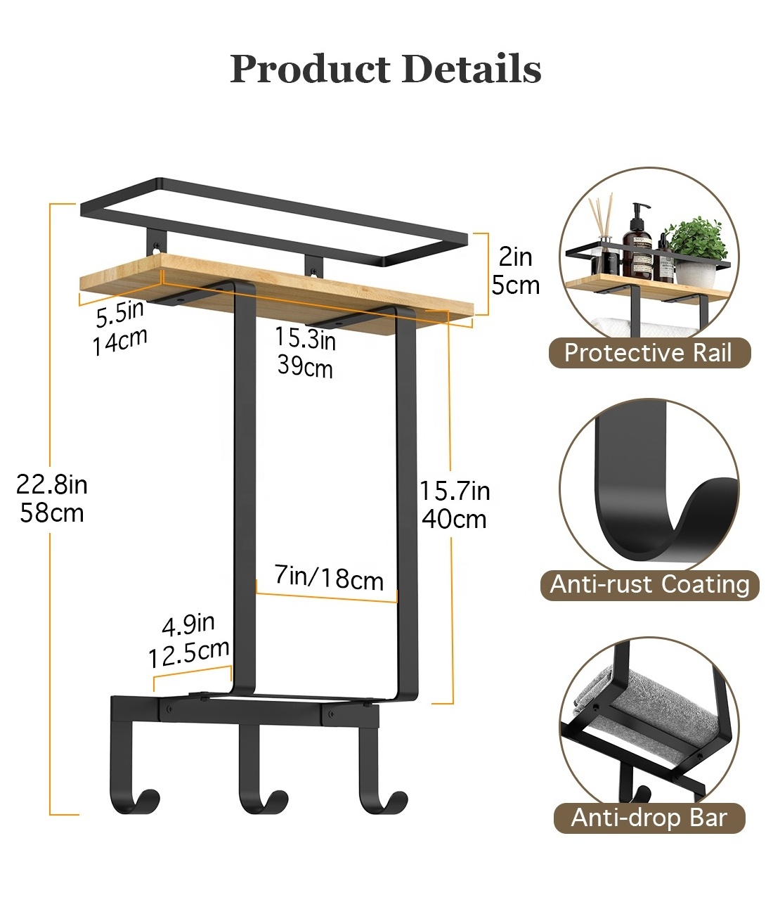 Custom Premium Bathroom Wall Mounted Towel Storage Rack Towel Holder Wooden Floating Shelf Metal Hooks Rolled Hand Towel Rack