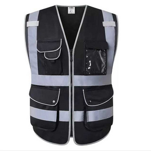 Wholesale High Visibility Black Safety Vest With Zipper Customized Logo Work Wear Black Safety Vest Reflective