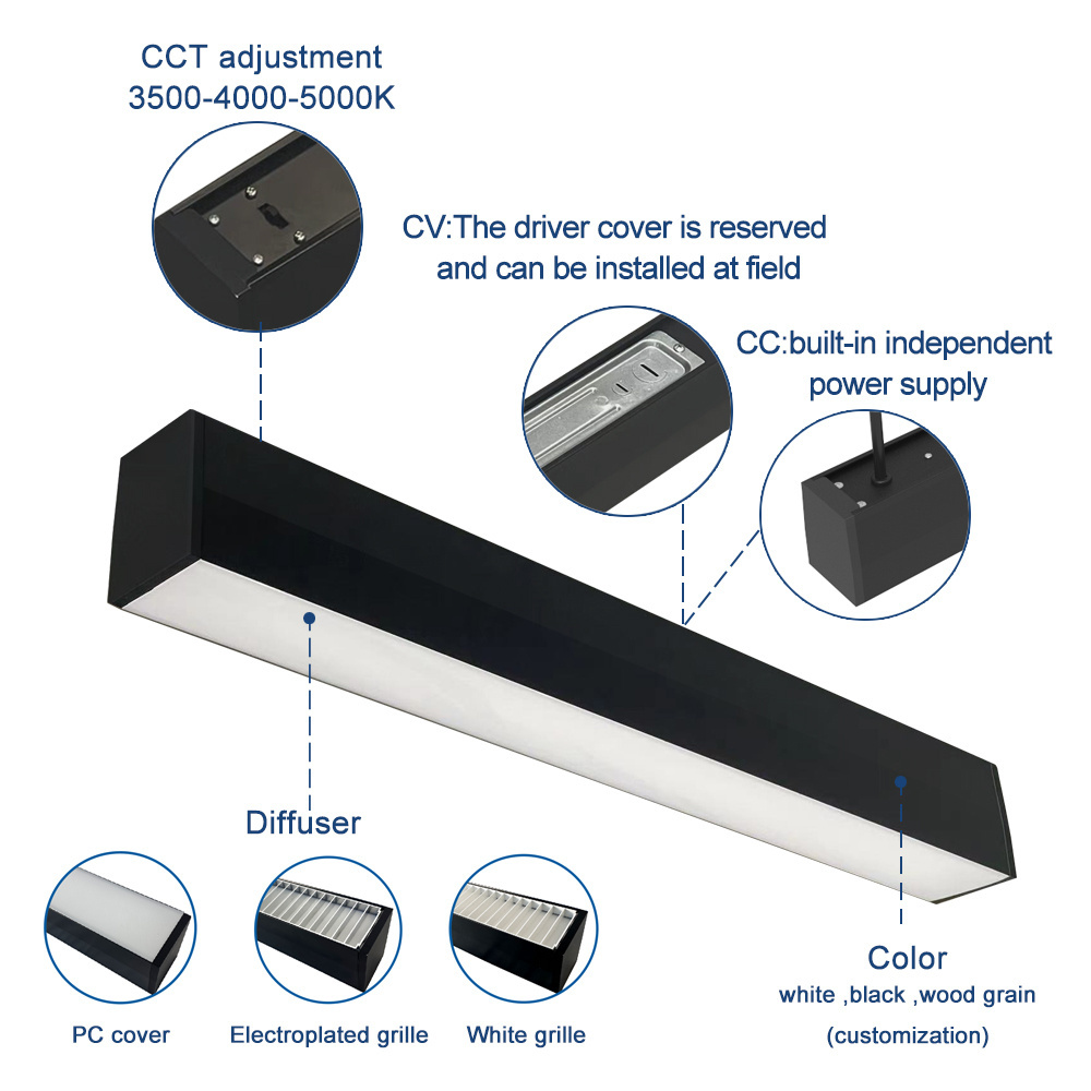 DALI-DT8 30W/40W/50W Office LED Linear Light with Bluetooth App Remote Control Electroplated Grille Pendant Chandelier