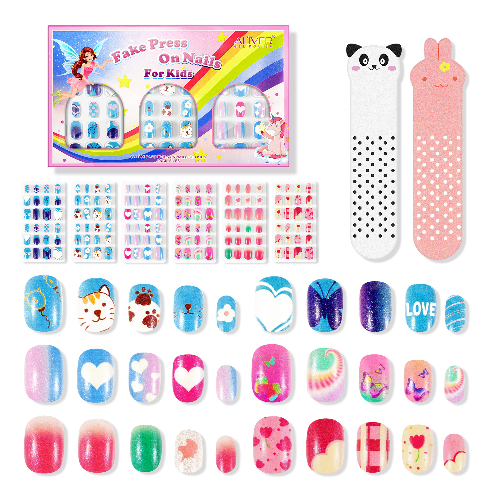 Aliver 144Pcs 6 Pack Press on Nails for Kids Children Acrylic Fake Nails Rainbow Candy Collection Elements Nails