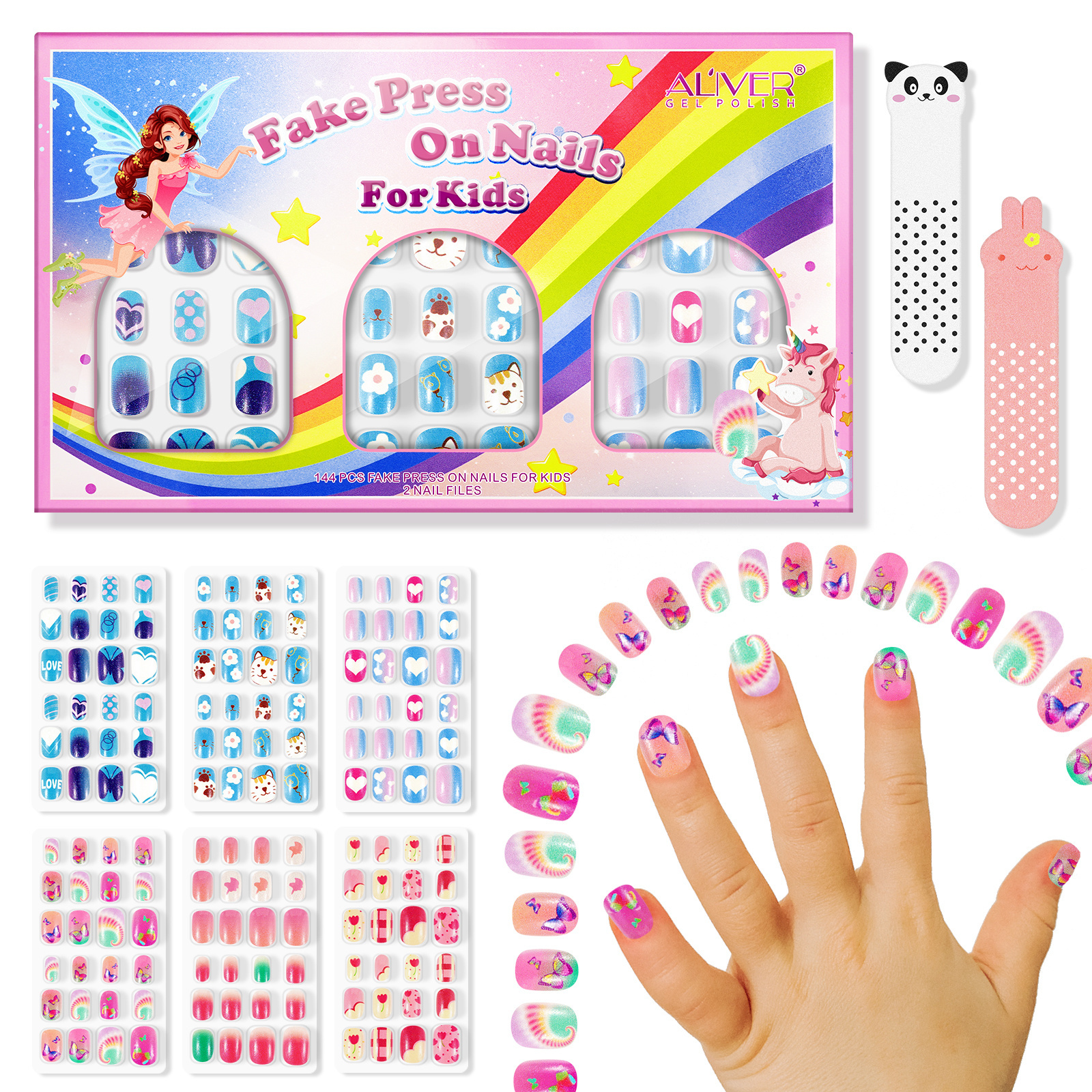 Aliver 144Pcs 6 Pack Press on Nails for Kids Children Acrylic Fake Nails Rainbow Candy Collection Elements Nails