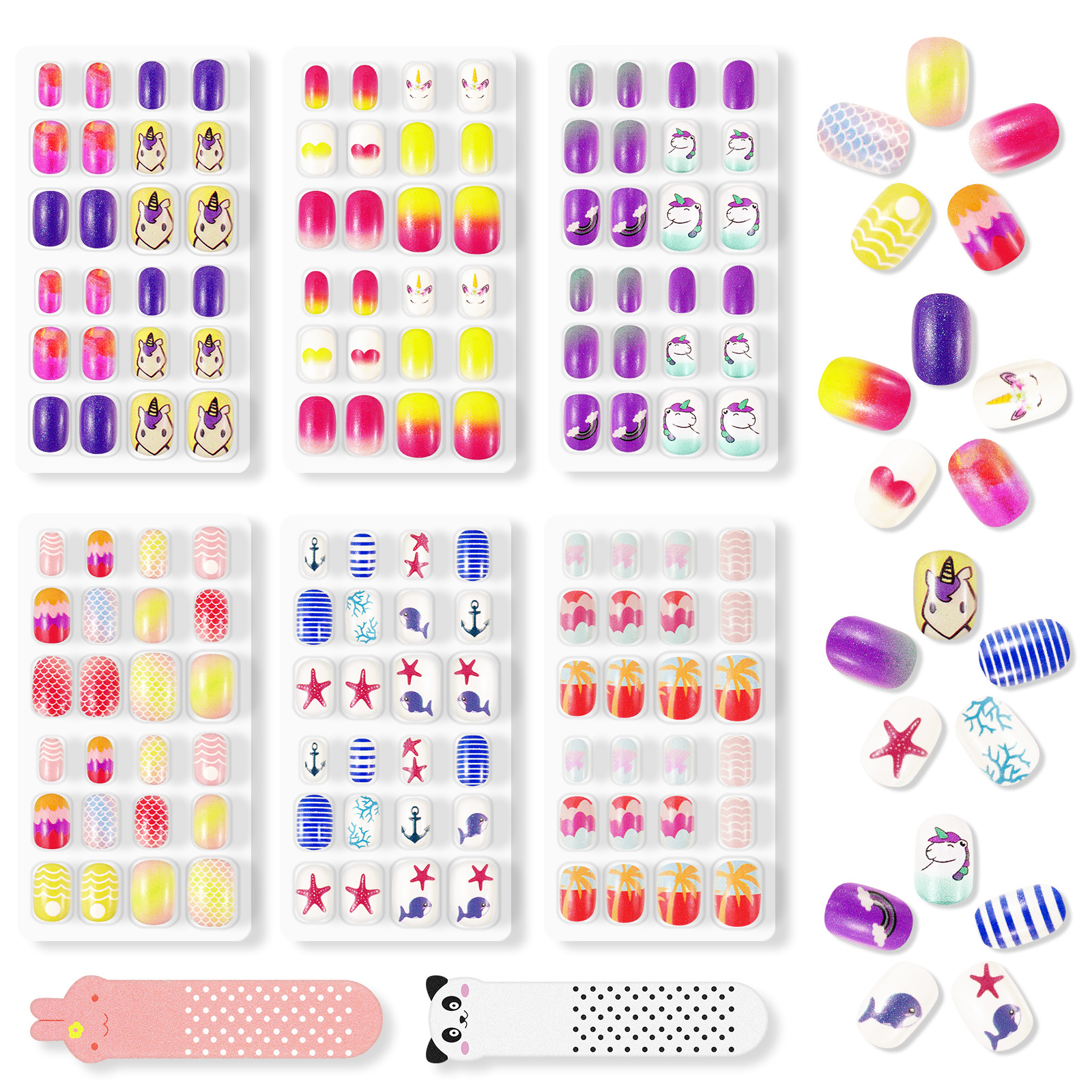 Aliver 144Pcs 6 Pack Press on Nails for Kids Children Acrylic Fake Nails Rainbow Candy Collection Elements Nails