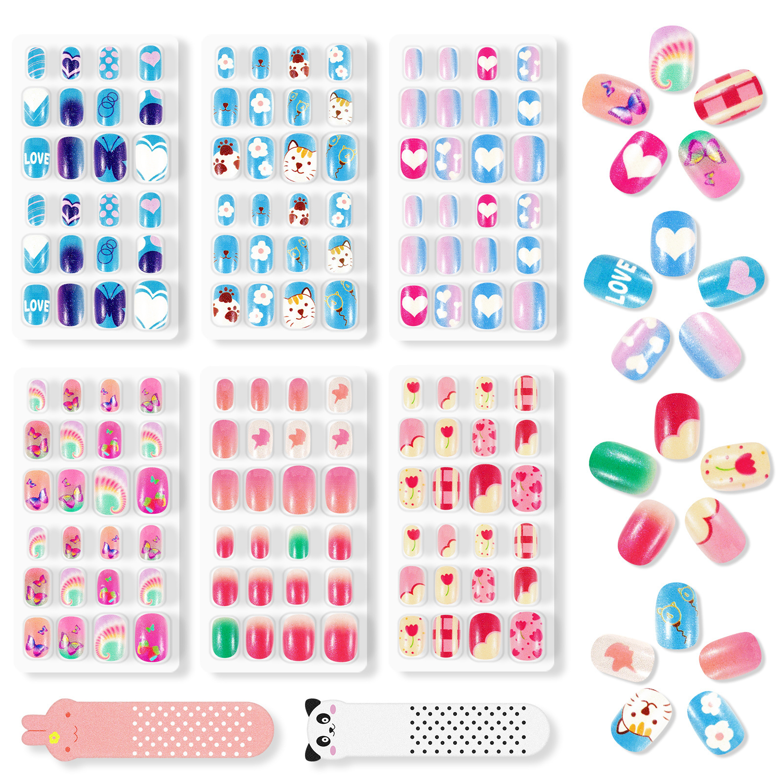 Aliver 144Pcs 6 Pack Press on Nails for Kids Children Acrylic Fake Nails Rainbow Candy Collection Elements Nails