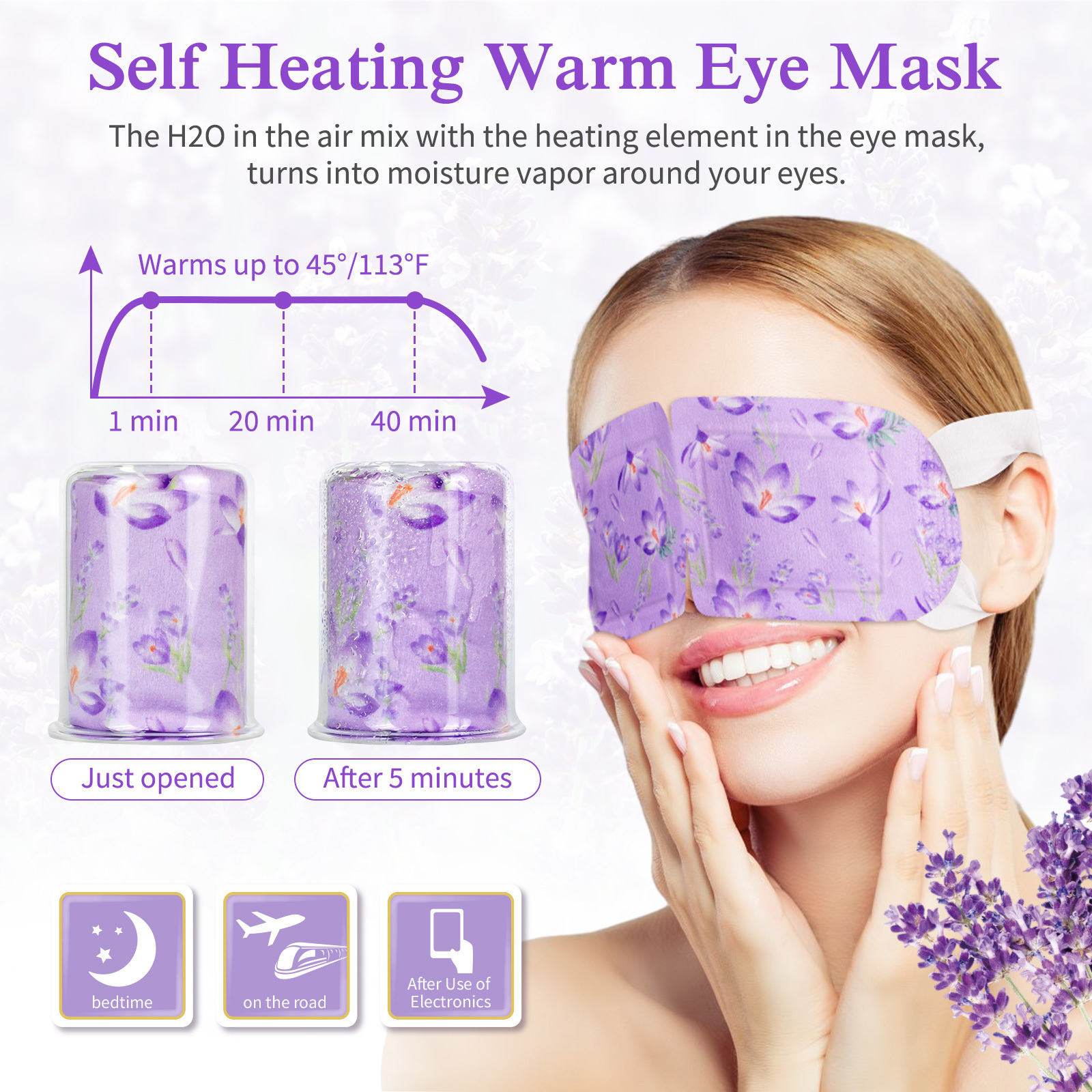 Hot Sale Self Heated Warm Eye Mask Lavender Sleep Steam Eye Masks for Dry Eyes Dark Circles and Puffiness