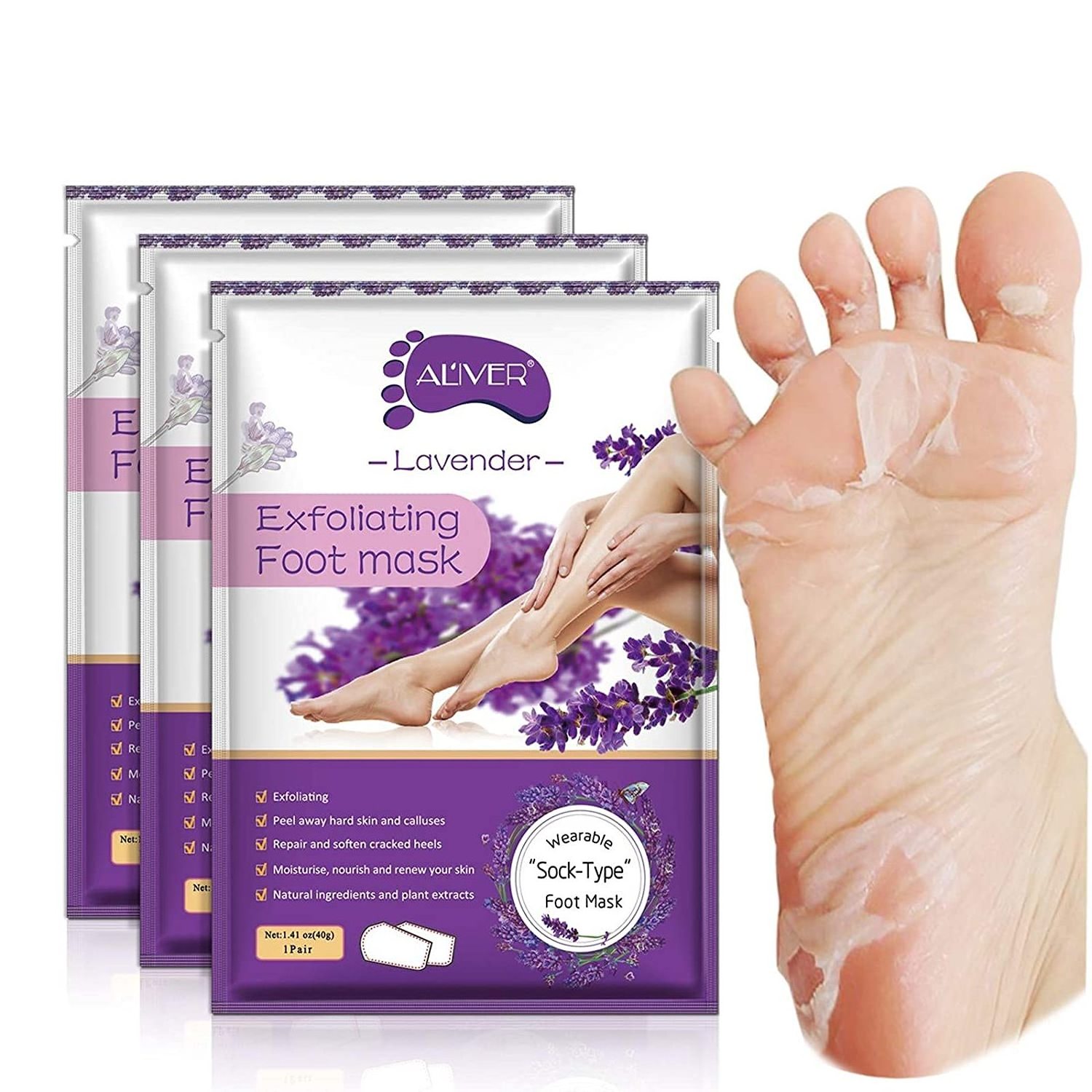 ALIVER Feet Skin Care Moisturizing Anti-Wrinkle Nourishing Exfoliating Lavender Peeling Foot Mask for Cracked Heels