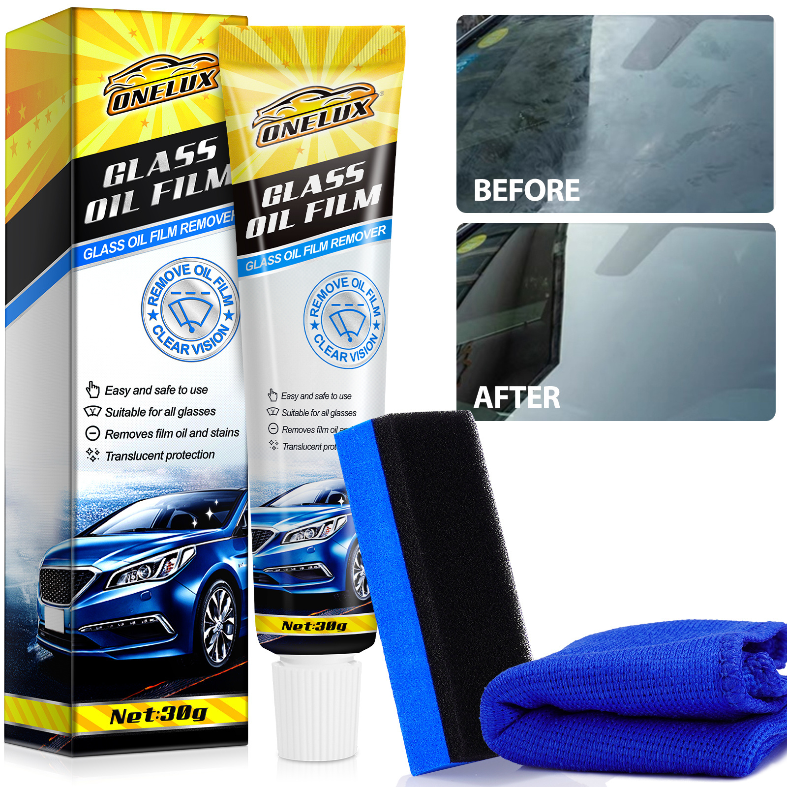 Glass Stripper Water Spot Remover Car Windshield Glass Oil Film Cleaner Remover With Sponge And Towel For Car Window