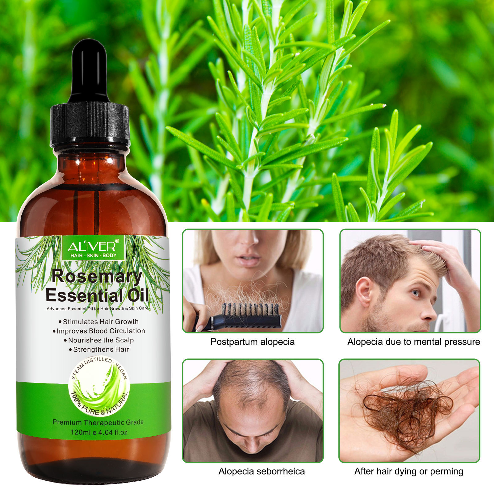 100% Pure Cold Press Rosemary Massage Essential Oil 120ml Hair Care Nourishing Rosemary Hair Oil for Hair Loss