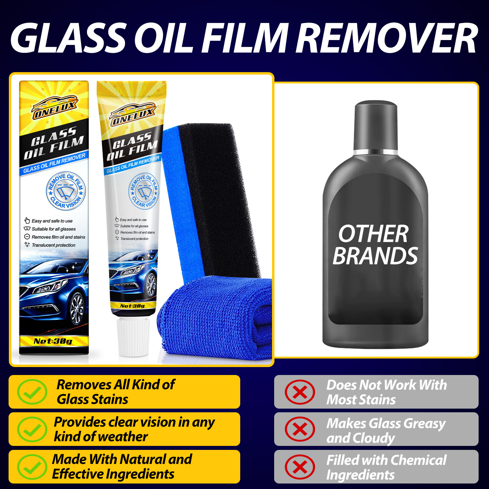 Glass Stripper Water Spot Remover Car Windshield Glass Oil Film Cleaner Remover With Sponge And Towel For Car Window