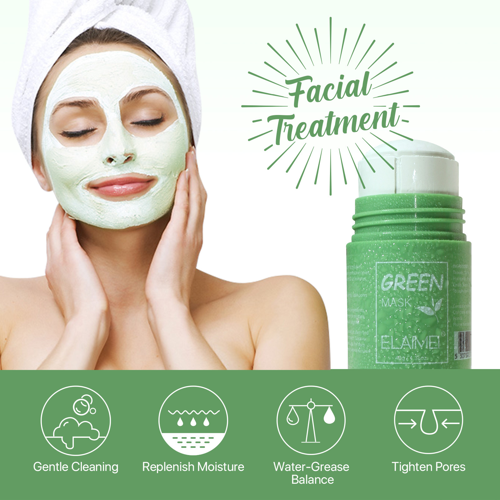 ELAIMEI Hot Sale Skin Care Green Tea Clay Face Mask Stick Natural Moisturizing Whitening Hydrating Mask Facial Mask Stick