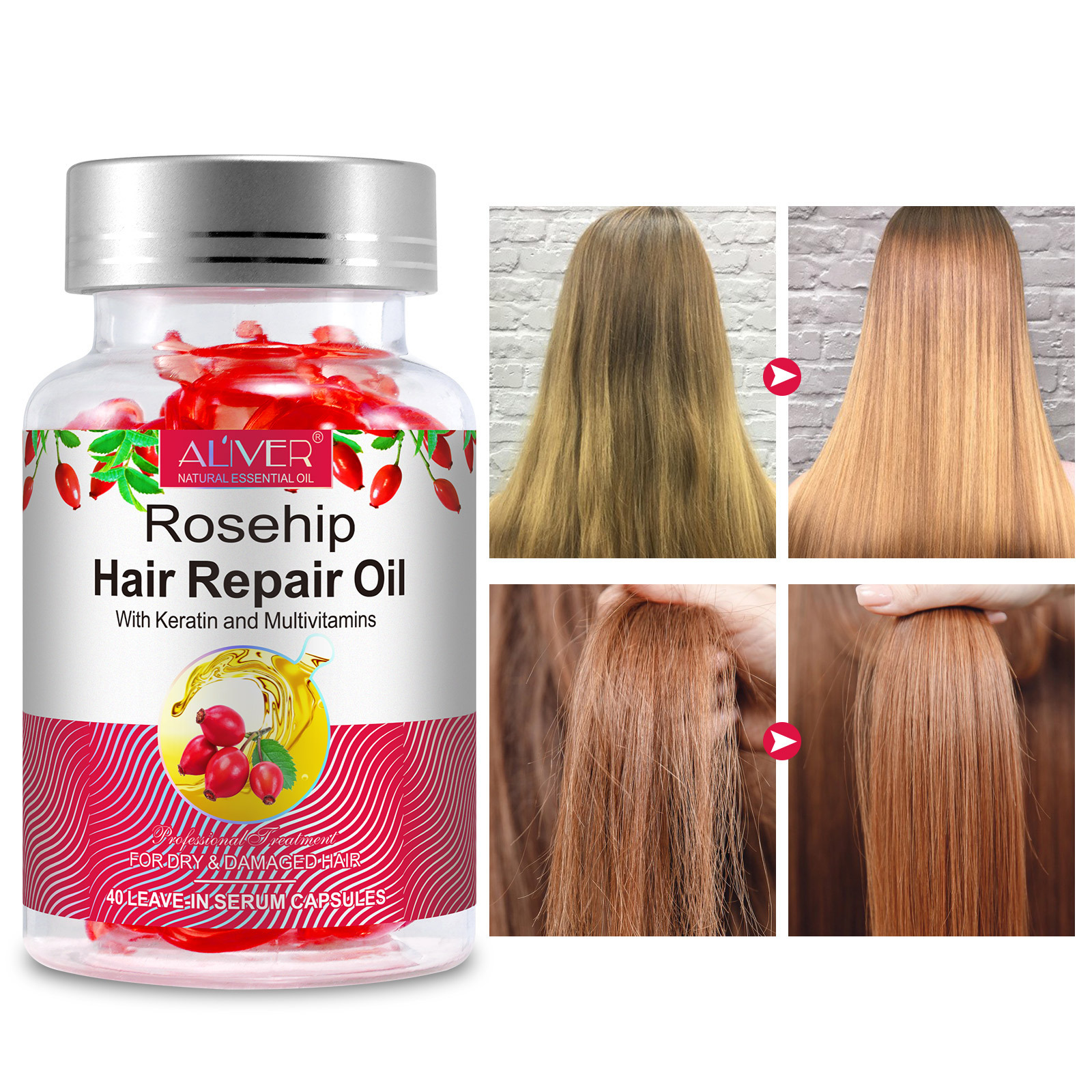 ALIVER private label rosehip hair repair oil deeply nourishes repairs hair scalp seal oil capsule,hair serum rose oil capsules