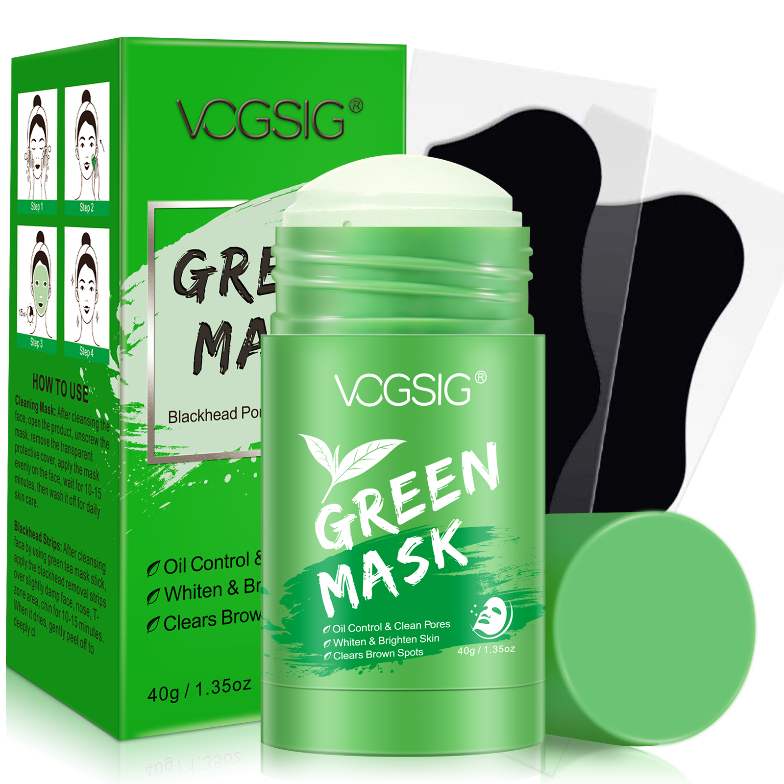 VOGSIG Nose Patch Blackhead Remover Strips And Clay Mud Green Tea Oil Control  Cleansing Mask Stick Solid Facial Mask