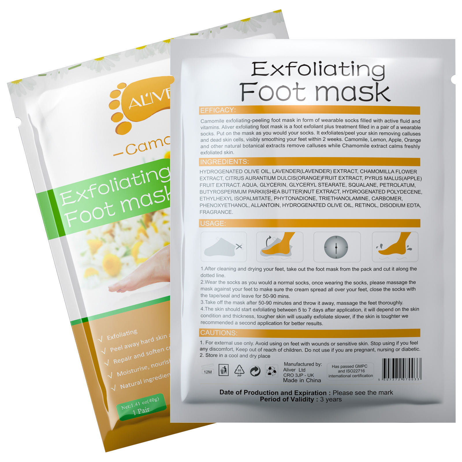 ALIVER Organic Chamomile Magic Exfoliating Peel Repair Soften Cracked Heels Foot Mask