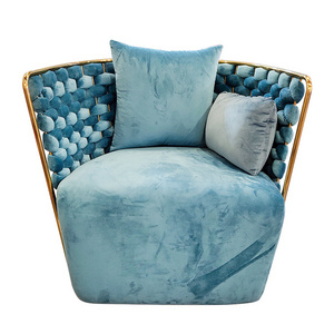 Modern style velvet fabric living room chairs fashion blue stainless steel frame single sofa chair