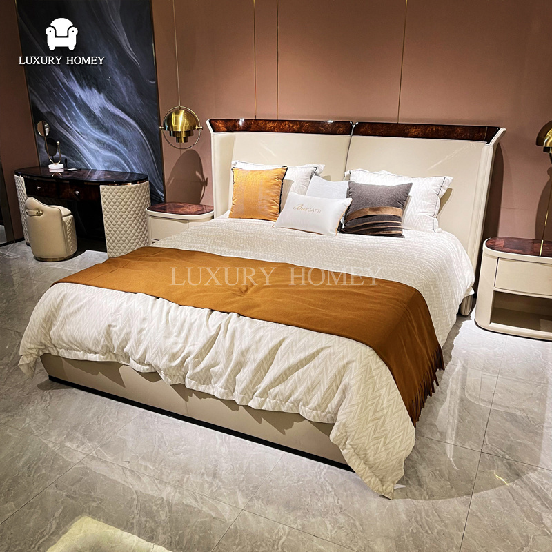 Italian High-end natural wood veneer bedroom furniture set designer queen size headboard king size modern double bed