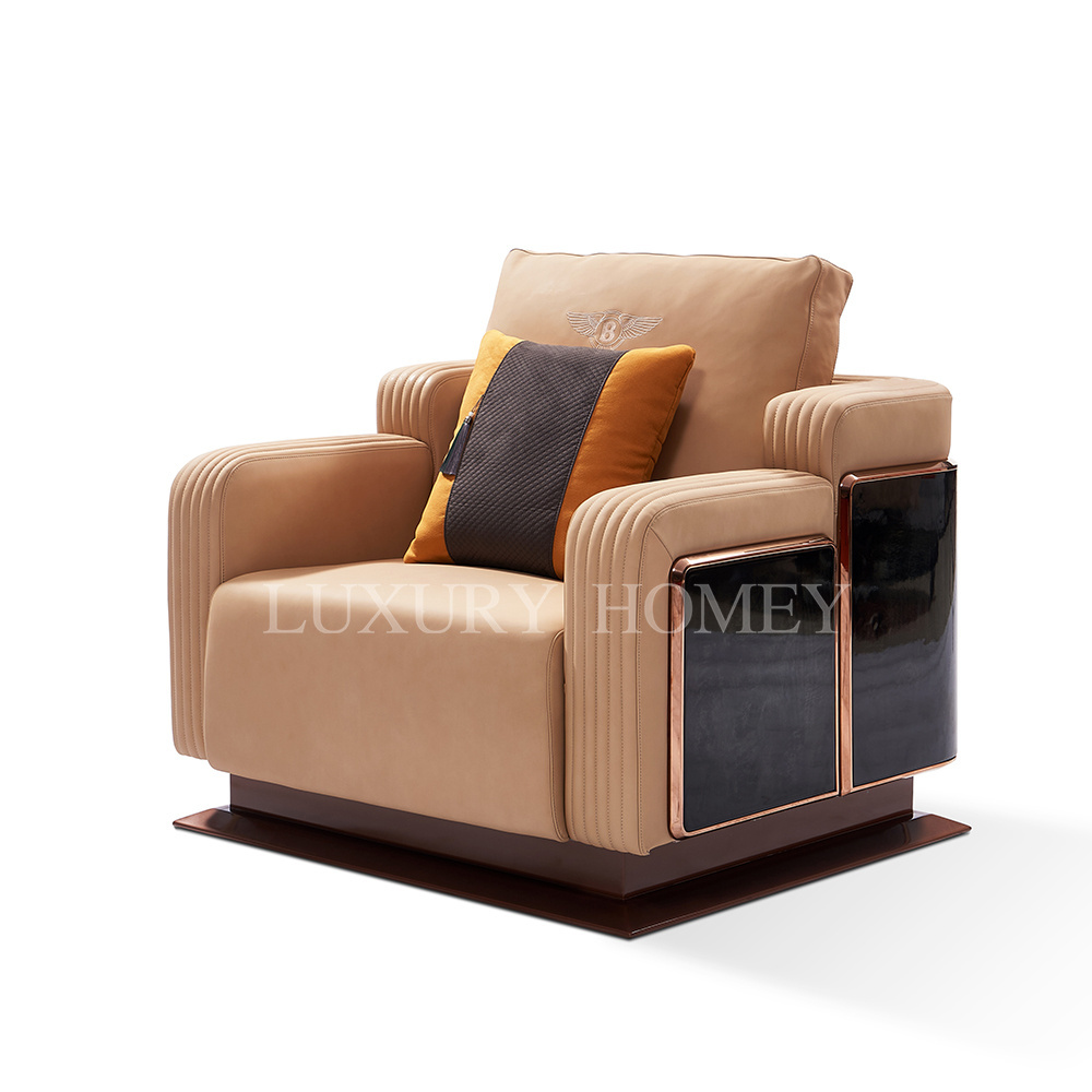 Italian Luxury Leather Arm Chair Wooden Sofa Chair Solid Wood Lounge Villa Wooden Couch 1 Seater Single Chairs Living Room