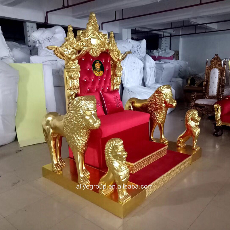 ALC01-Antique shinning gold king throne chair with lions armrest