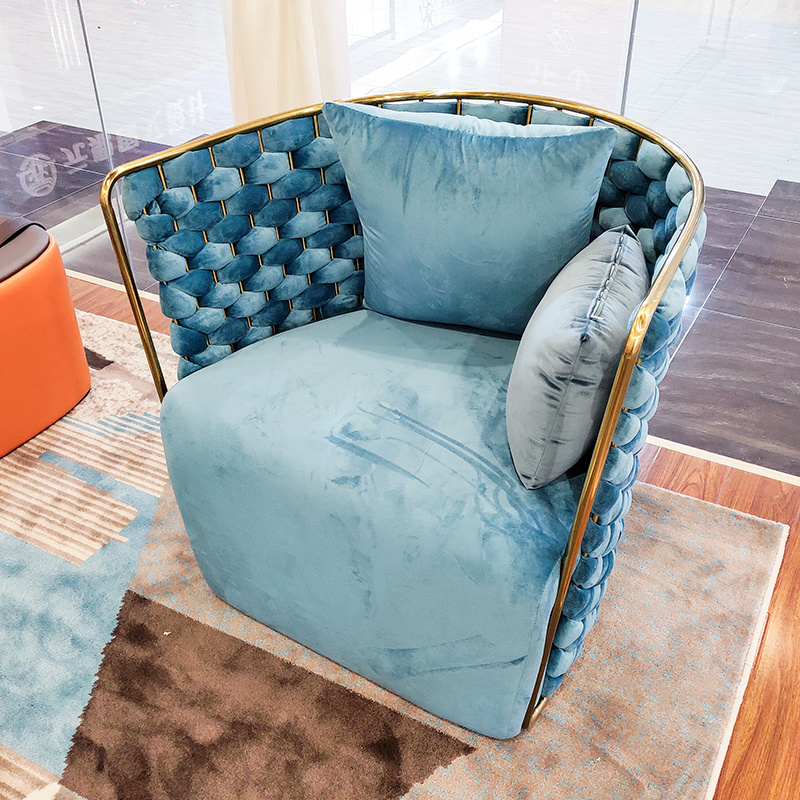 Modern style velvet fabric living room chairs fashion blue stainless steel frame single sofa chair