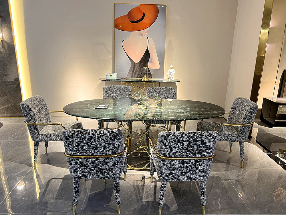 Italian Style Modern Oval Dining Table Set Metal Let Esstisch Luxury Marble High End Dining Table With Chairs