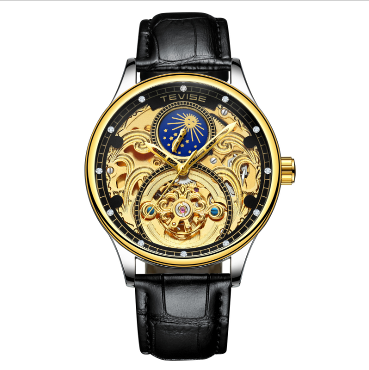 Tevise men's luxury hollow automatic mechanical watch moon phase tourbillon waterproof watch