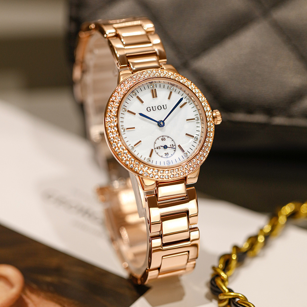 2022 GUOU Diamond Ladies Watch Trend Blue Glass Rose Gold Steel Band Quartz Watch For Women High Quality Wristwatch Girls Reloj