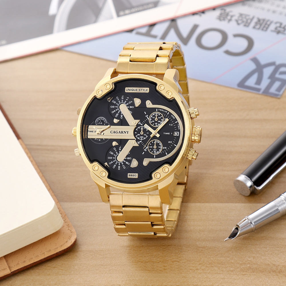 CAGARNY 6820 Hot Quartz Luxury Brand Golden Watches Men Fashion 2 Time Zone Calendar Stainless Steel Watches Men Wrist Digital