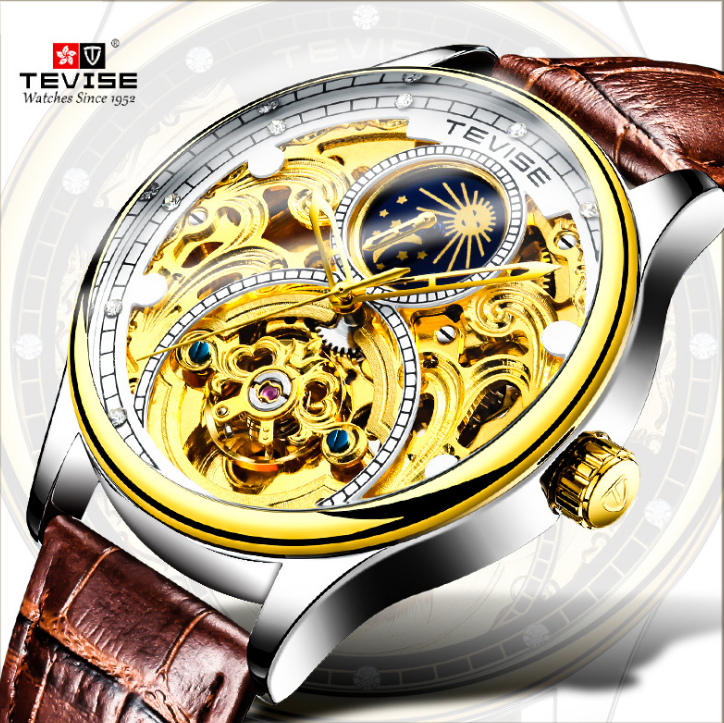 Tevise men's luxury hollow automatic mechanical watch moon phase tourbillon waterproof watch