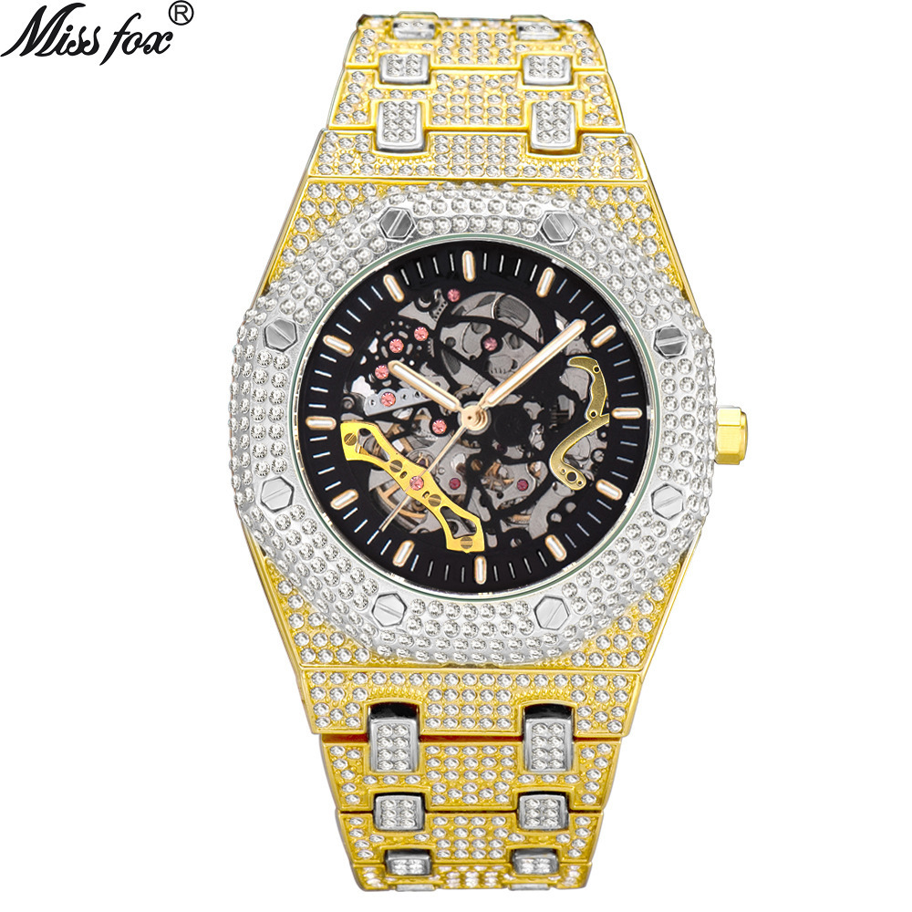 MISSFOX Diamond Hollowed Out Men's Watches Gold Mechanical Wristwatch Stainless Steel Waterproof Luminous Watch For Men V301-M