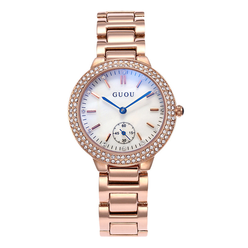 2022 GUOU Diamond Ladies Watch Trend Blue Glass Rose Gold Steel Band Quartz Watch For Women High Quality Wristwatch Girls Reloj