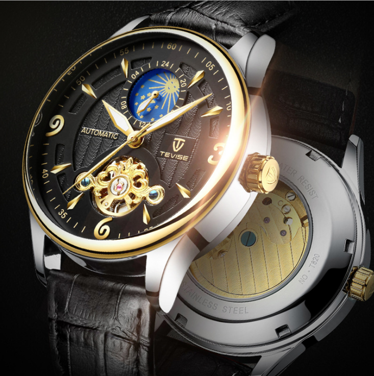 Tevise men's luxury hollow automatic mechanical watch moon phase tourbillon waterproof watch