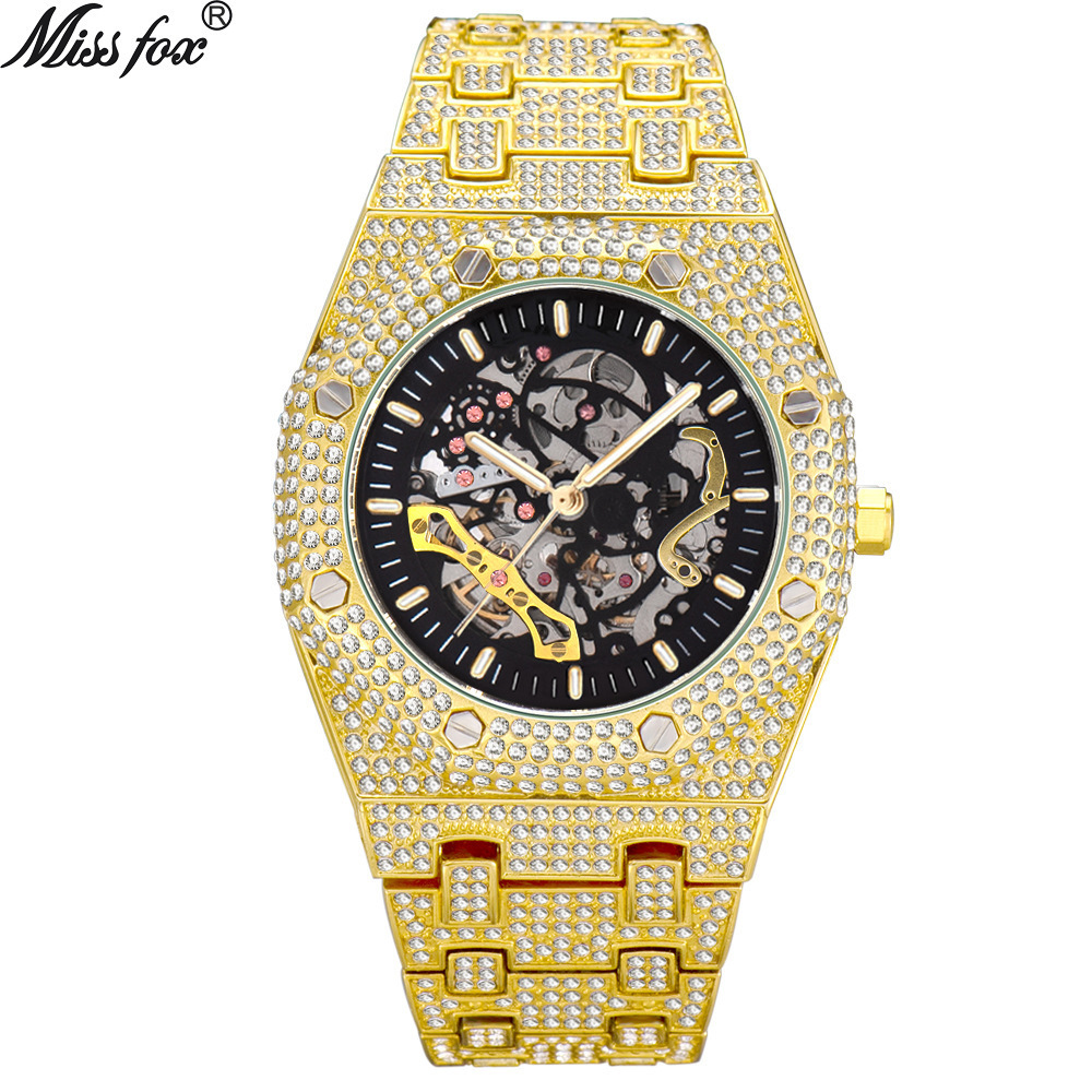 MISSFOX Diamond Hollowed Out Men's Watches Gold Mechanical Wristwatch Stainless Steel Waterproof Luminous Watch For Men V301-M