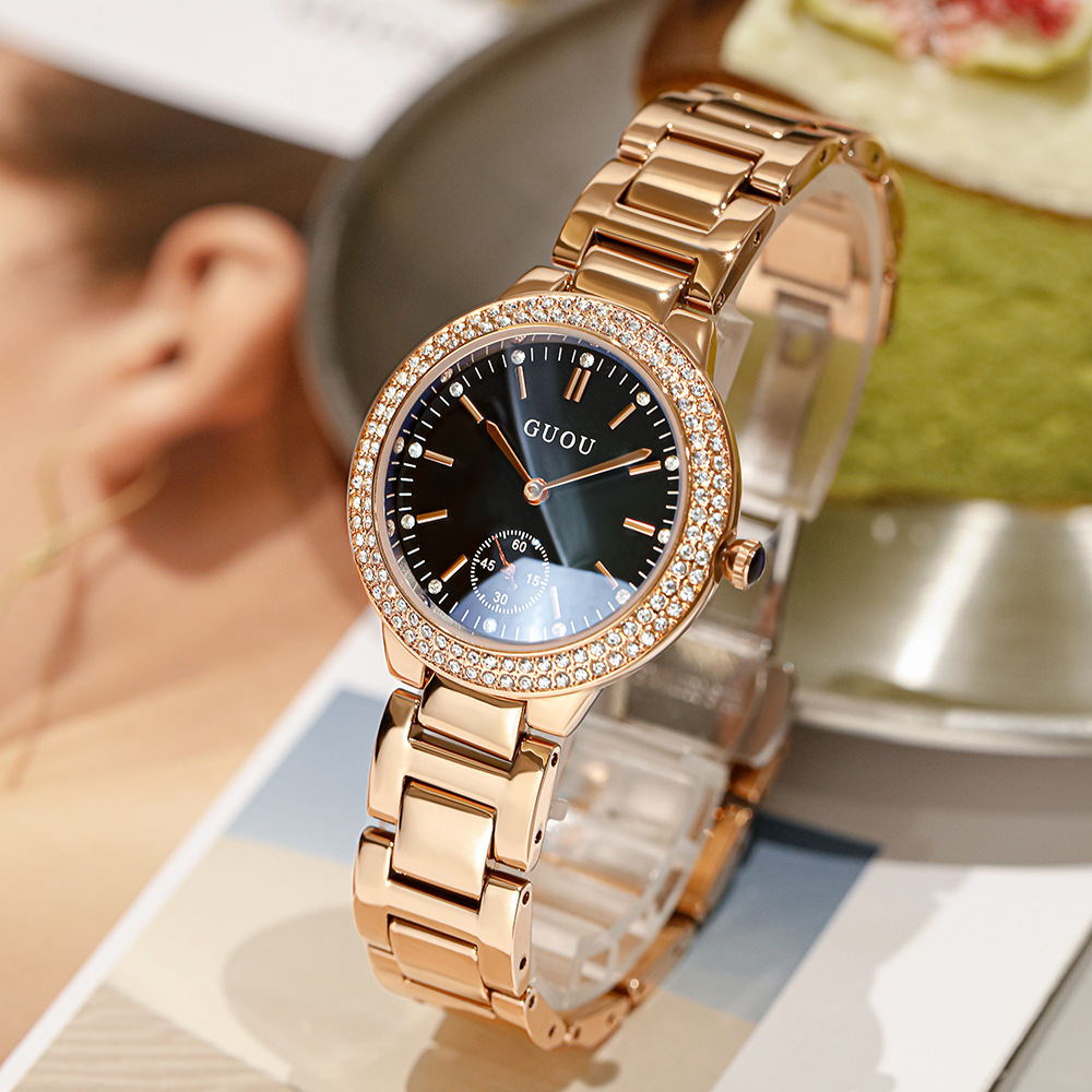 2022 GUOU Diamond Ladies Watch Trend Blue Glass Rose Gold Steel Band Quartz Watch For Women High Quality Wristwatch Girls Reloj