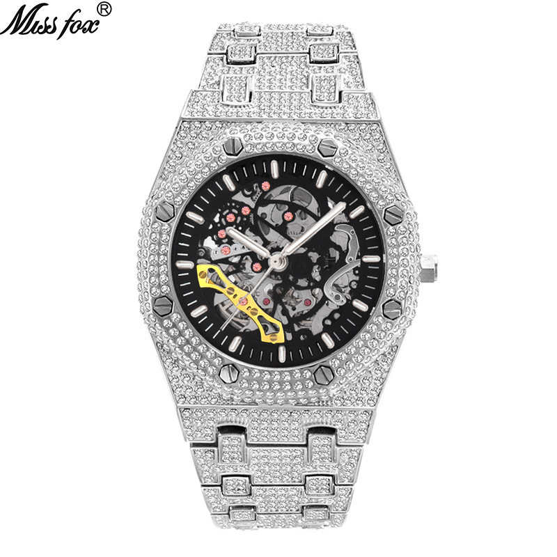 MISSFOX Diamond Hollowed Out Men's Watches Gold Mechanical Wristwatch Stainless Steel Waterproof Luminous Watch For Men V301-M