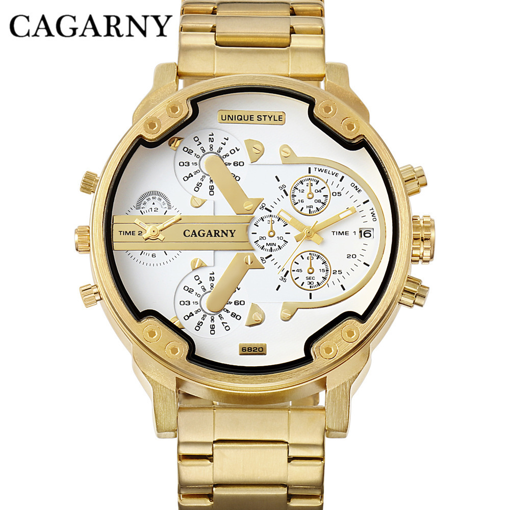 CAGARNY 6820 Hot Quartz Luxury Brand Golden Watches Men Fashion 2 Time Zone Calendar Stainless Steel Watches Men Wrist Digital