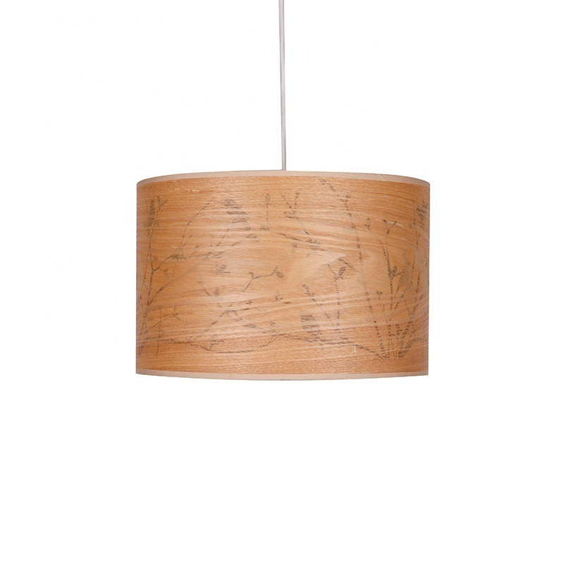 Modern Handmade Cylinder Natural  Wood Veneer Pendant Lamp Printed lampshade for Indoor hanging Lighting Decoration