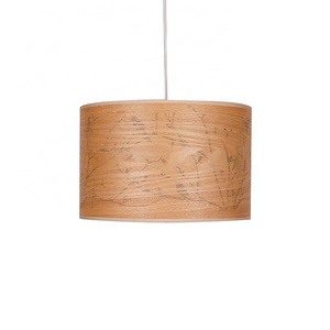 Modern Handmade Cylinder Natural  Wood Veneer Pendant Lamp Printed lampshade for Indoor hanging Lighting Decoration