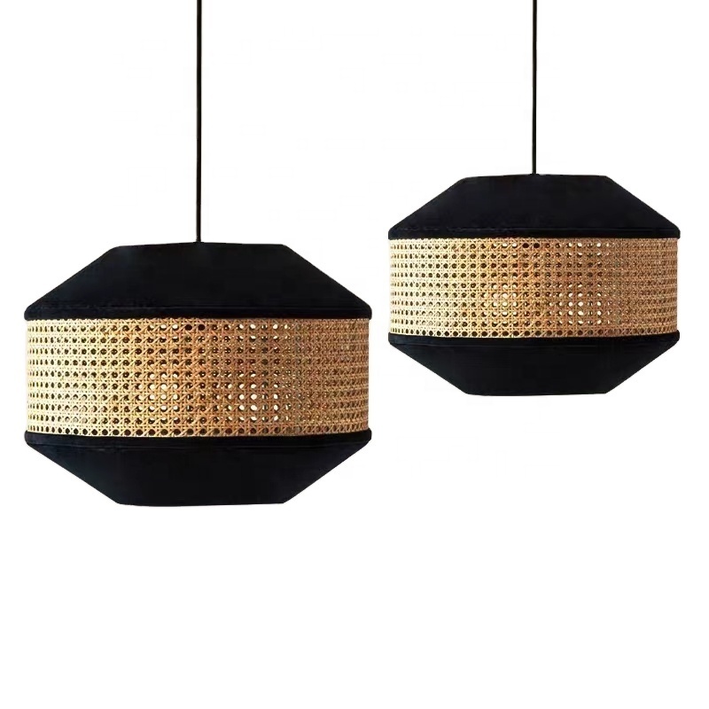 Natural Rattan Pendant Lamp Handmade Black Fabric Suspended Hanging Light Shade Woven Rattan Lantern Ceiling Light