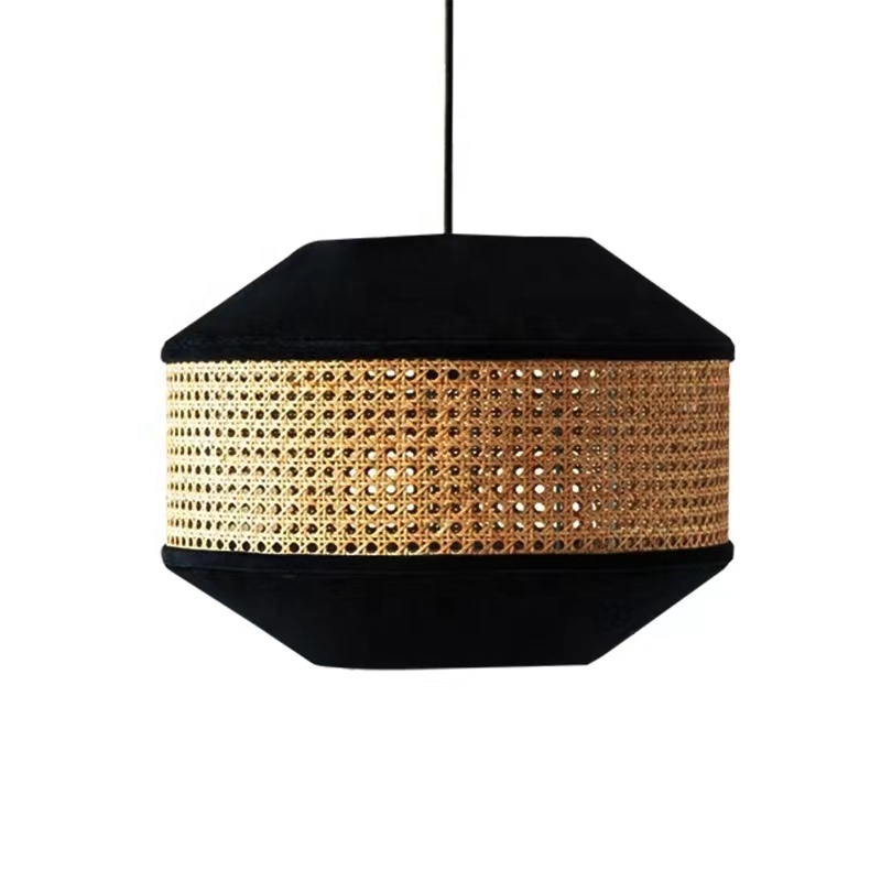 Natural Rattan Pendant Lamp Handmade Black Fabric Suspended Hanging Light Shade Woven Rattan Lantern Ceiling Light