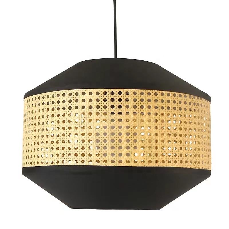 Natural Rattan Pendant Lamp Handmade Black Fabric Suspended Hanging Light Shade Woven Rattan Lantern Ceiling Light