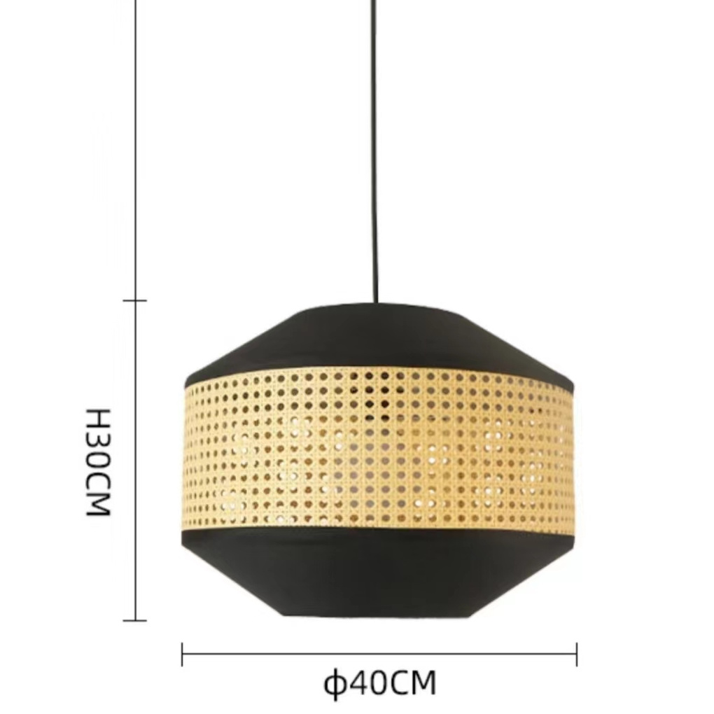 Natural Rattan Pendant Lamp Handmade Black Fabric Suspended Hanging Light Shade Woven Rattan Lantern Ceiling Light